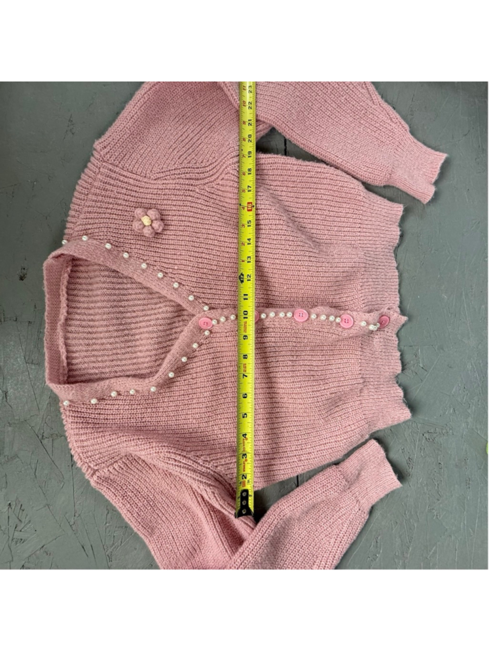 Vintage Pink Pearl Trim Knit Cardigan w/ Crochet Flower Small - Picture 5 of 6